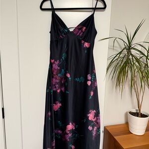 Navy floral satin dress